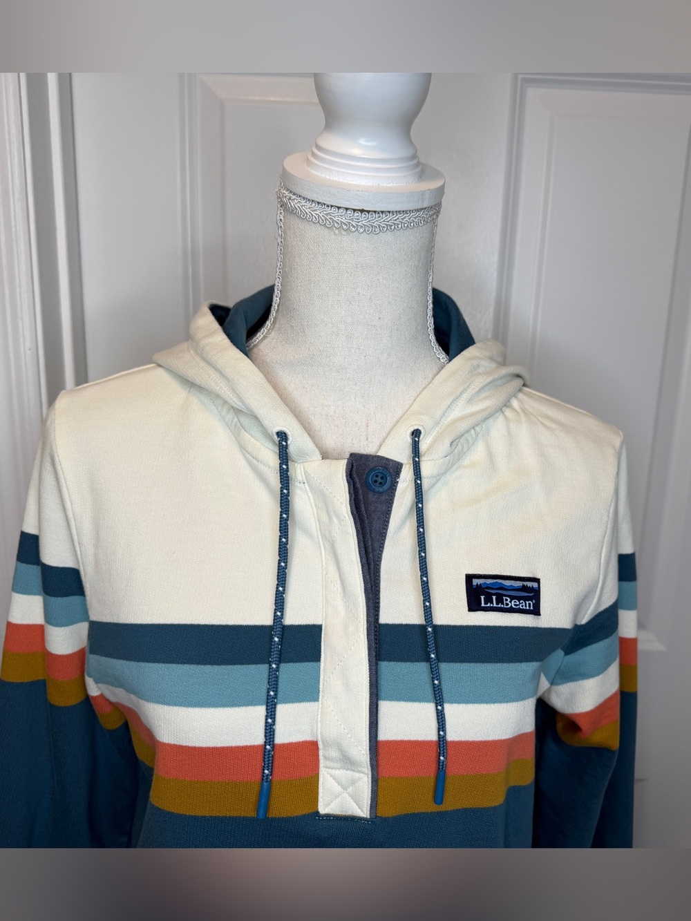 L.L. Bean Women’s Blue Cream Orange Vintage Soft Rugby Hoodie Small Colorblock - Picture 2 of 11